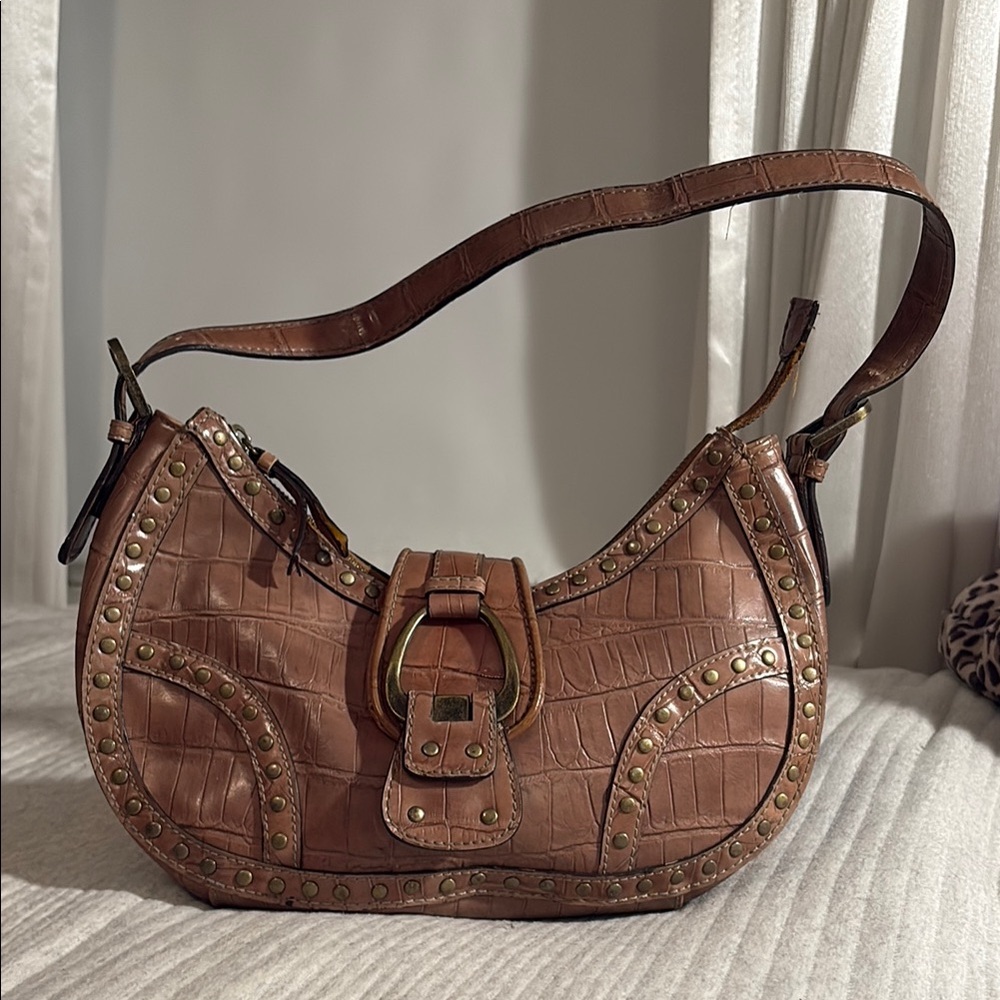 Nine West Brown Croc-Embossed Studded Shoulder Bag